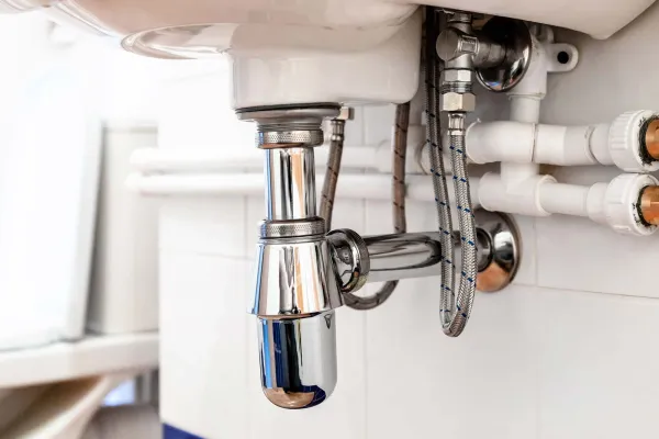 A clean, modern bathroom sink and plumbing fixture